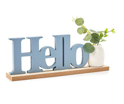 "Hello" Blue & Brown Cutout Word Vase Tabletop Plaque