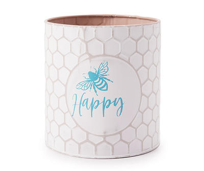 "Happy" White & Blue Bee Metal Planter Pot, (6")