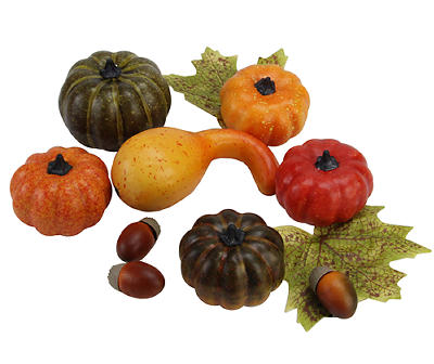 Orange, Green & Red Pumpkin, Gourd & Acorn 10-Piece Décor Set