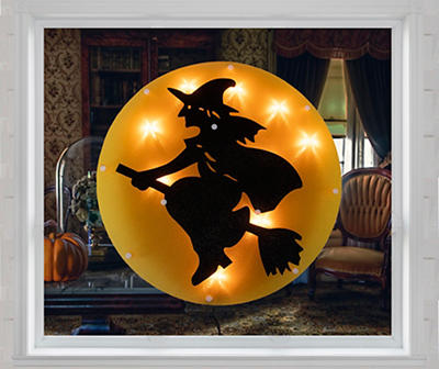 Witch On Broom Light-Up Window Silhouette