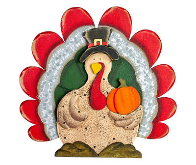 Red & Green Turkey With Pumpkin Tabletop Décor