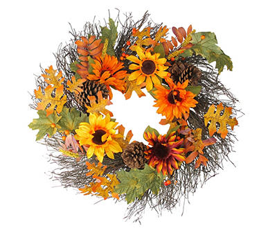 Orange, Yellow & Brown Sunflowers & Pine Cones Harvest Wreath, (24