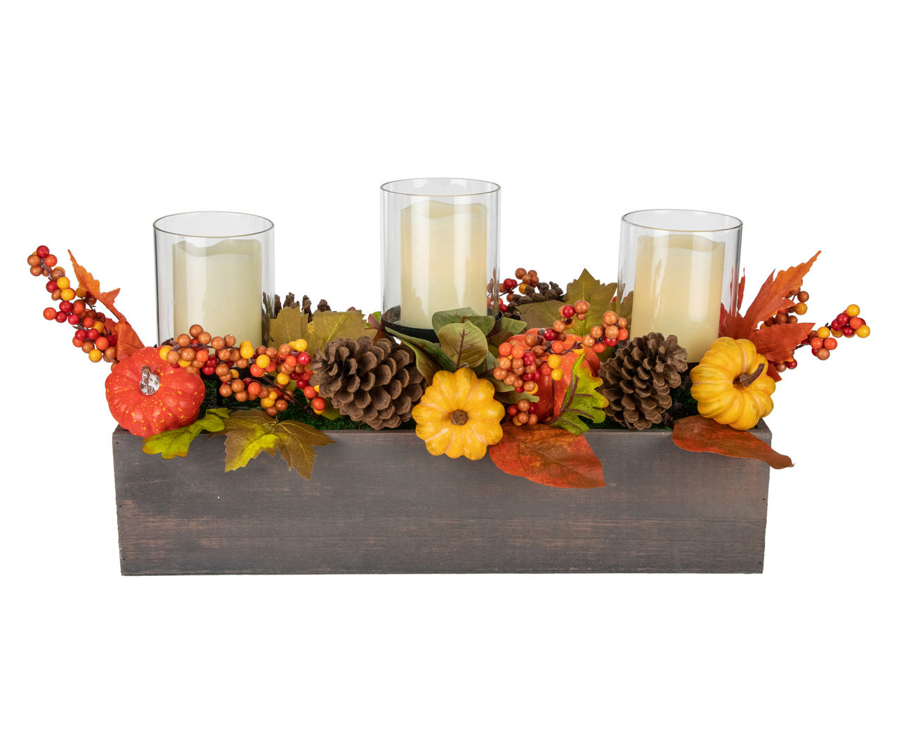 Orange 3-Pillar Artificial Leaf & Berry Candle Holder With Box Base