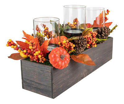 Orange 3-Pillar Artificial Leaf & Berry Candle Holder With Box Base