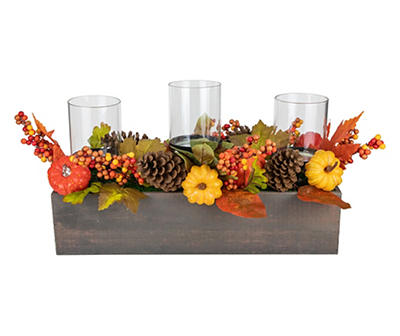 Orange 3-Pillar Artificial Leaf & Berry Candle Holder With Box Base