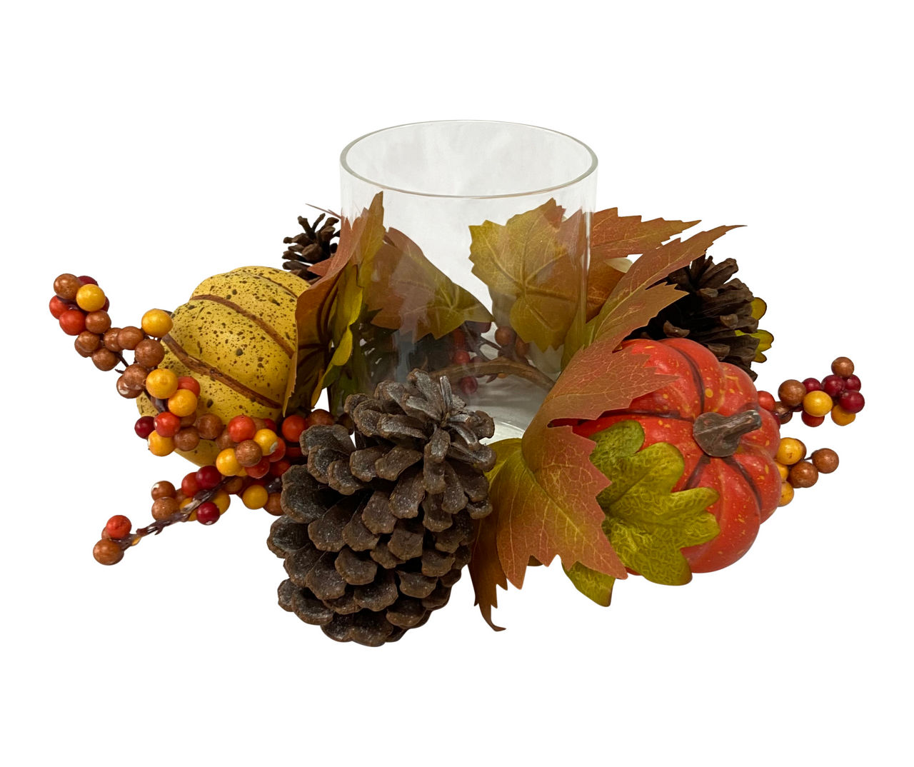 Orange & Brown Pumpkin, Pine Cone & Berry Tealight Candle Holder