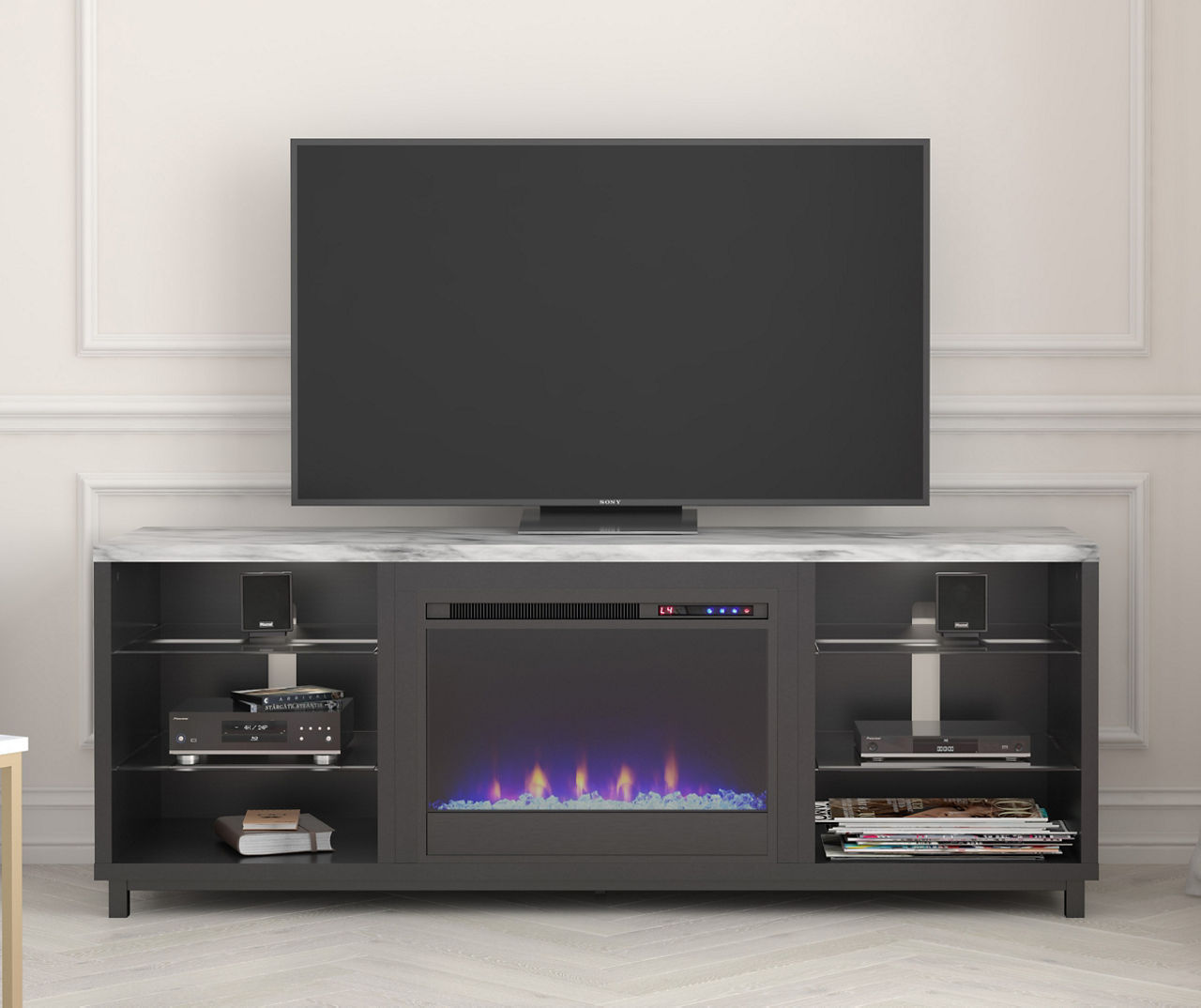 Marble top tv stand deals with fireplace