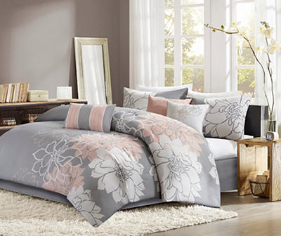Jane Gray & Blush Floral Queen 7-Piece Comforter Set