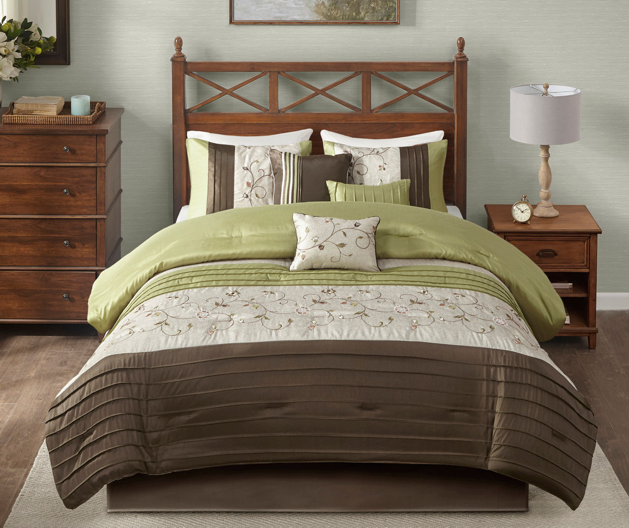 Monroe Green & Brown Floral Embroidered California King 7-Piece Comforter Set