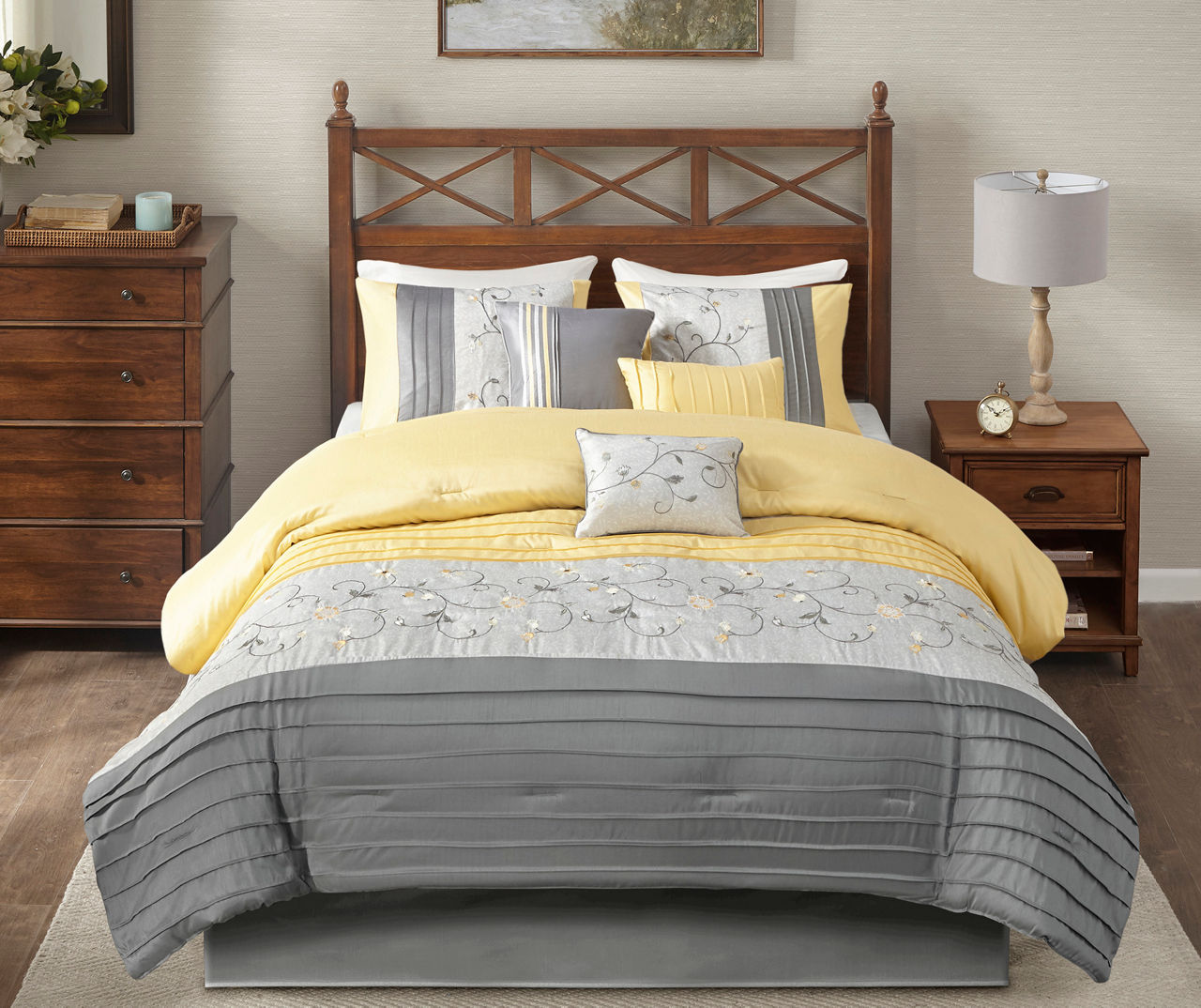 Monroe Yellow & Gray Floral Embroidered King 7-Piece Comforter Set