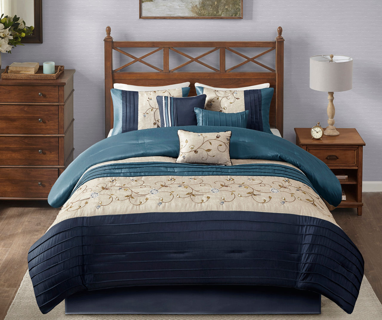 Monroe Navy & Teal Floral Embroidered Queen 7-Piece Comforter Set