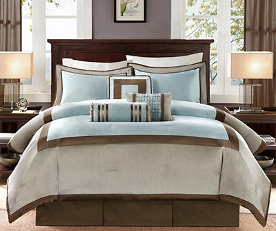 Beverly Light Blue & Brown Color Block King 7-Piece Comforter Set