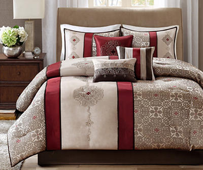 Perry Red & Brown Medallion Jacquard Queen 7-Piece Comforter Set