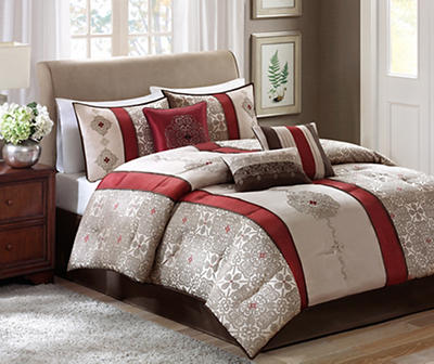 Perry Red & Brown Medallion Jacquard Queen 7-Piece Comforter Set