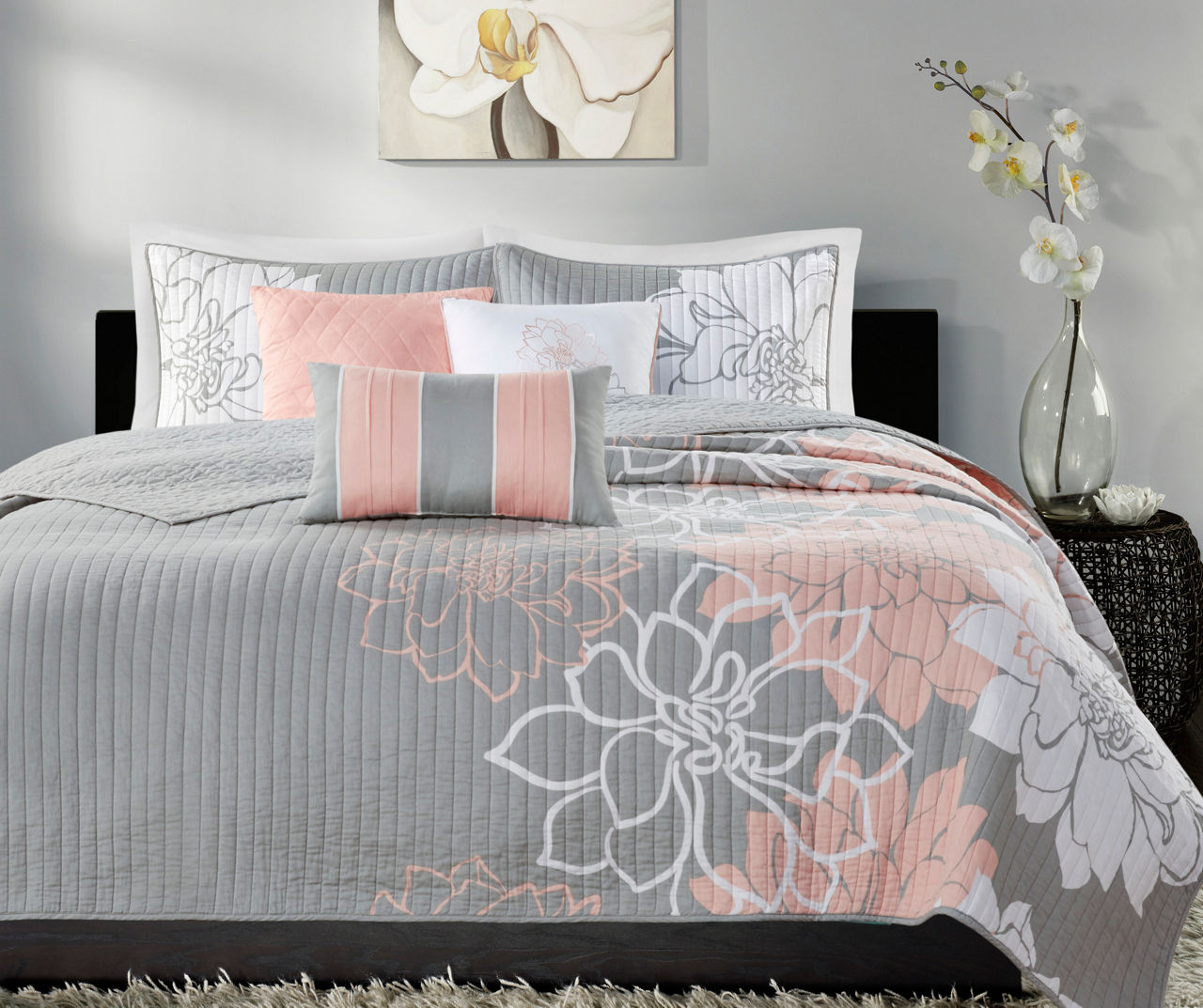 Jane Gray & Blush Floral Reversible Cotton Full/Queen 6-Piece Coverlet Set