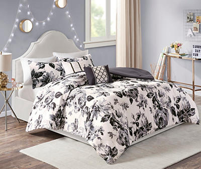 Hannah White & Black Floral King/California King 5-Piece Comforter Set