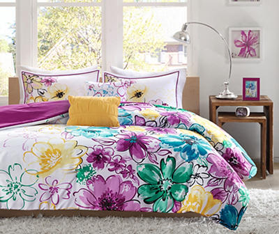 Skye White & Purple Floral Full/Queen 5-Piece Comforter Set