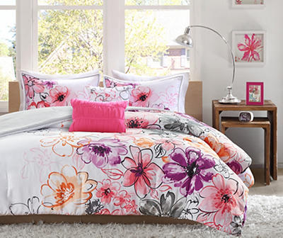 Skye White & Pink Floral Twin/Twin XL 4-Piece Comforter Set