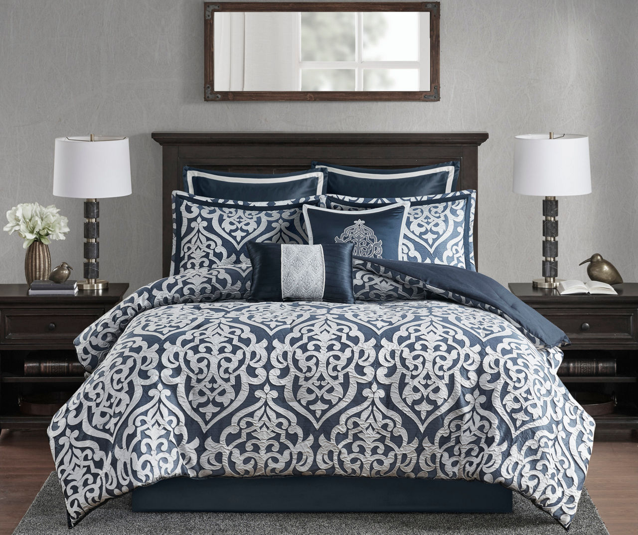 Eliot Navy & White Damask Jacquard King 8-Piece Comforter Set