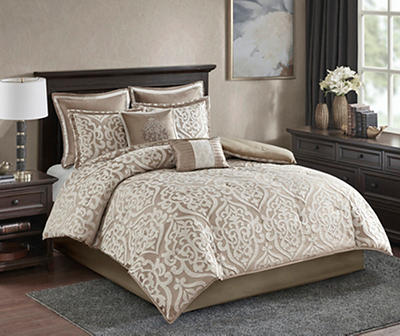 Eliot Tan & Beige Damask Jacquard King 8-Piece Comforter Set