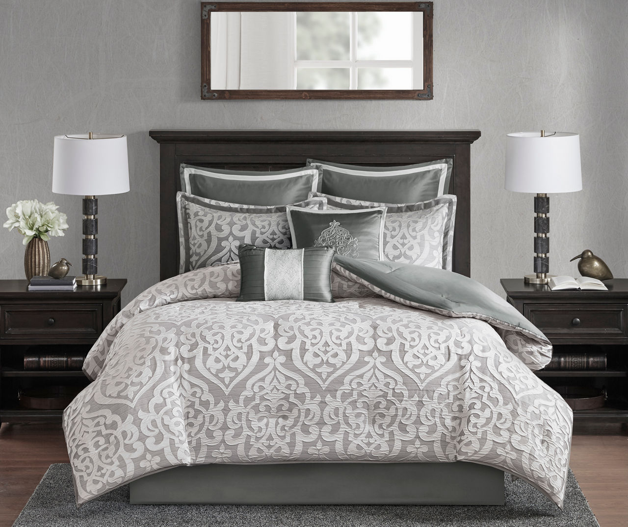 Eliot Silver & White Damask Jacquard California King 8-Piece Comforter Set