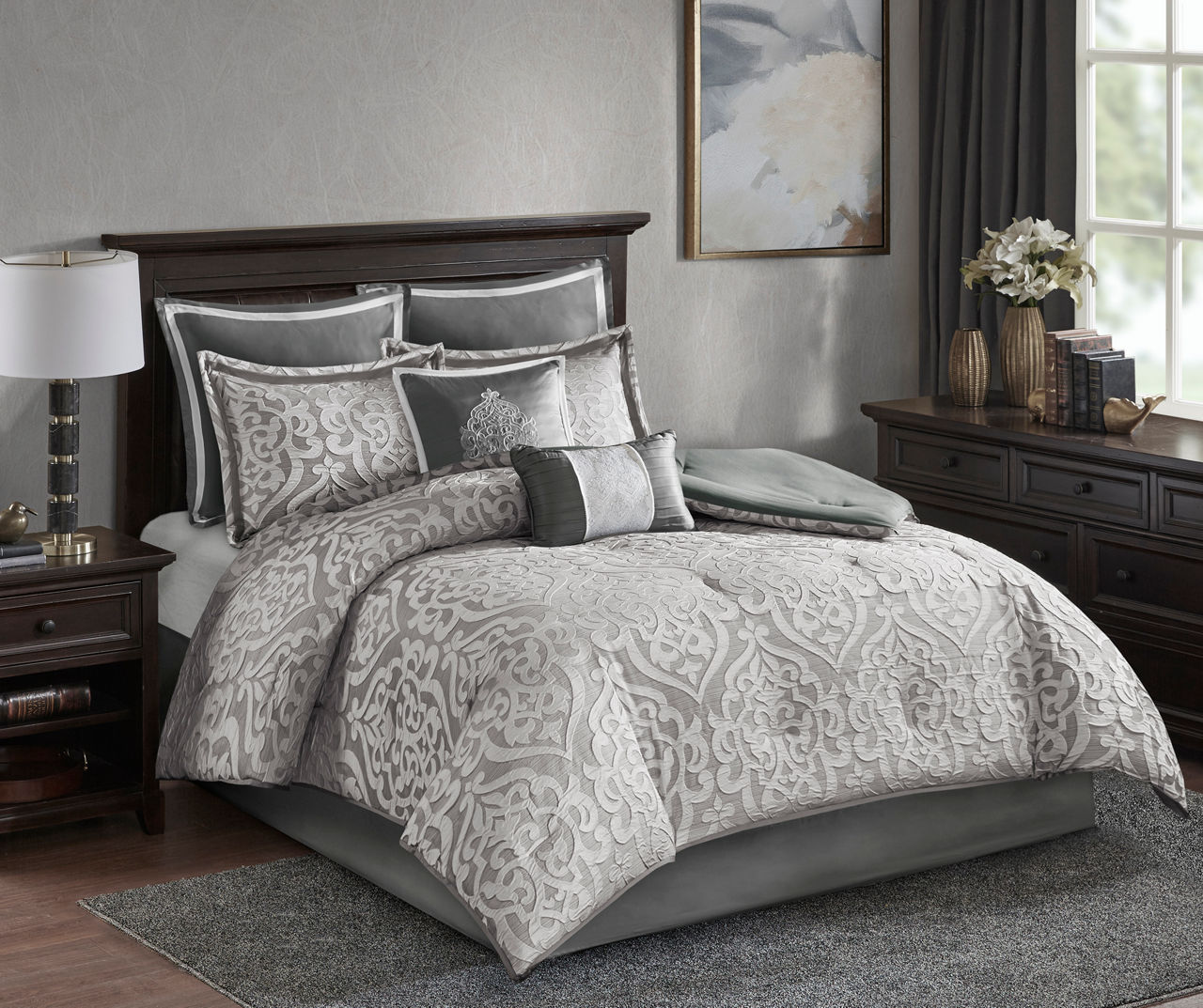 Eliot Silver & White Damask Jacquard King 8-Piece Comforter Set