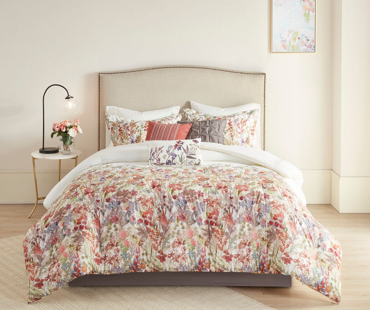 Julia Cream & Multi-Color Watercolor Floral Queen 7-Piece Comforter Set