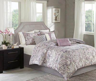 Celena Purple & White Paisley King 7-Piece Comforter Set