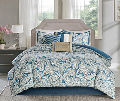 Celena Blue & White Paisley Queen 7-Piece Comforter Set