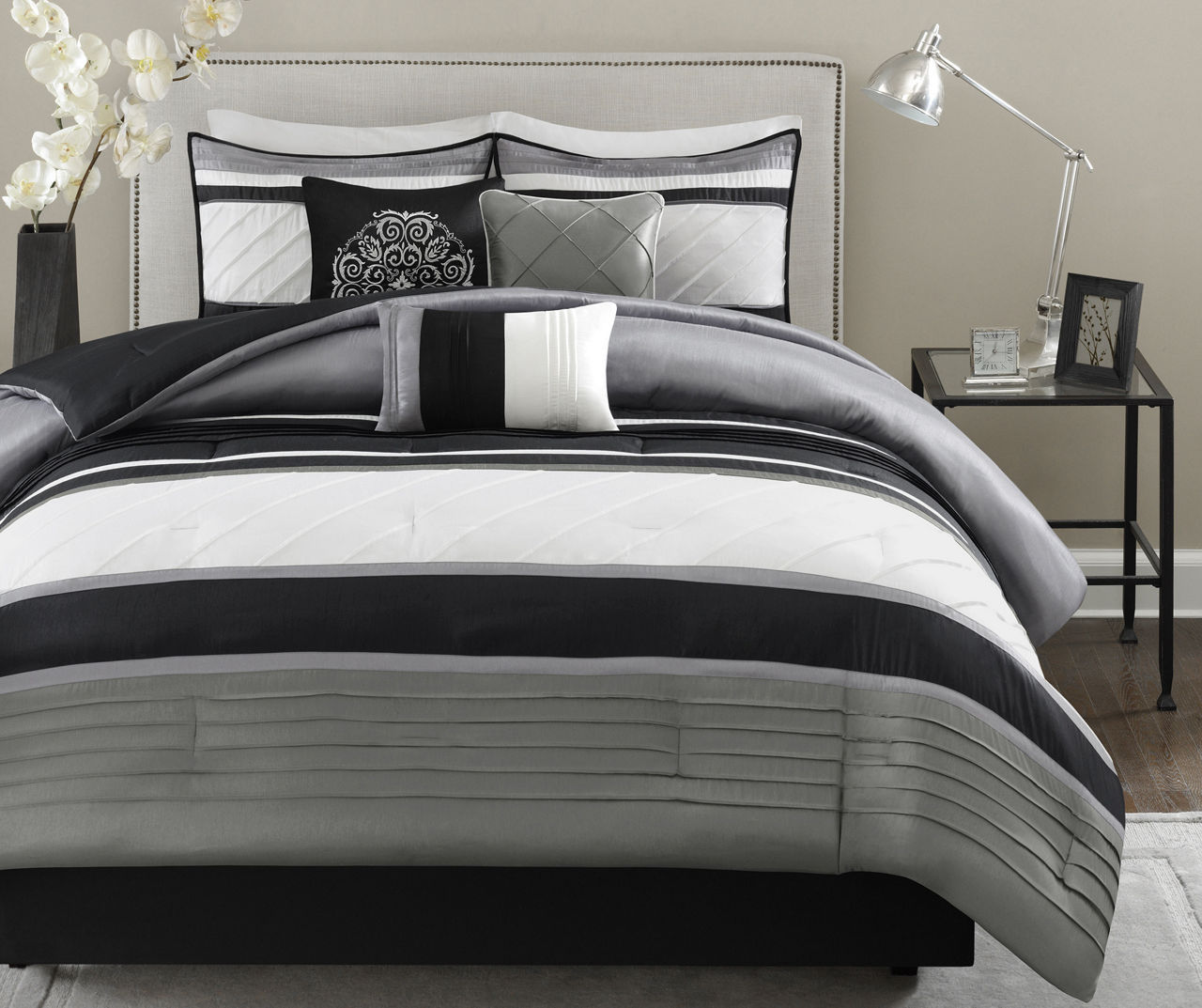 Burnett Gray & Black Color Block Pintuck California King 7-Piece Comforter Set