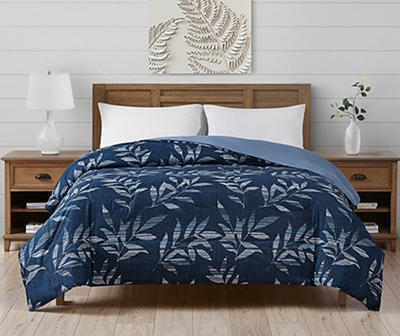 Martin Navy & Blue Striped Leaves Reversible King Comforter