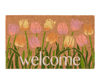 "Welcome" Tan & Pink Tulip Garden Coir Doormat