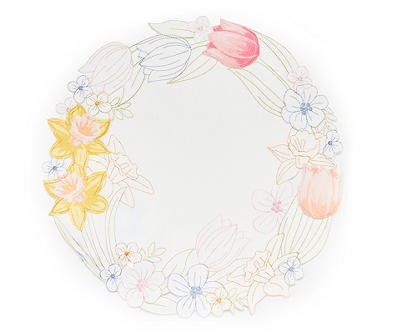 White & Pastel Embroidered Flower Round Placemat