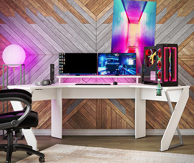 NTense Xtreme White LED Gaming Corner Desk with Riser & Wireless Charging