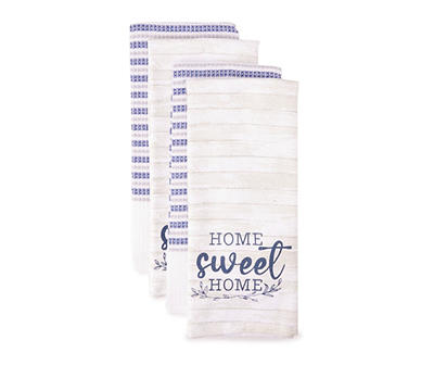 "Home Sweet Home" White & Blue Stripe 4-Piece Kitchen Towels Set