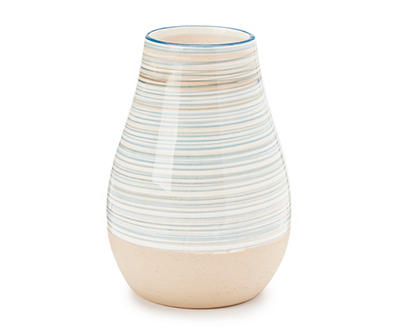 Blue & Tan Stripe Ceramic Vase
