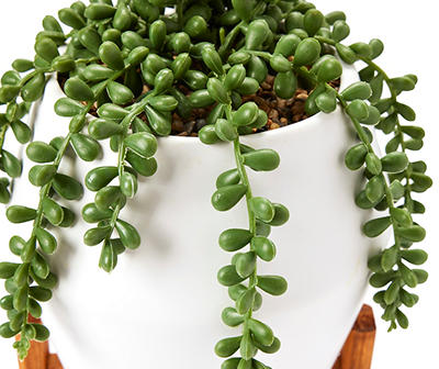 Green Artificial String of Pearls Succlent Arrangement With White Pot & Wood Base