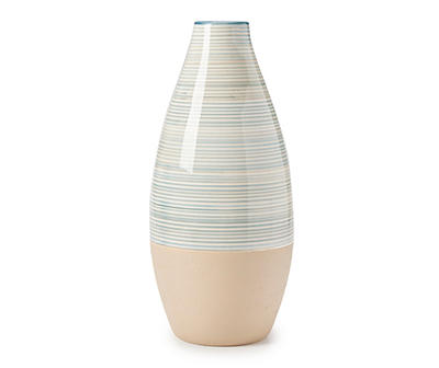 Blue & Tan Stripe Ceramic Vase, (11.9