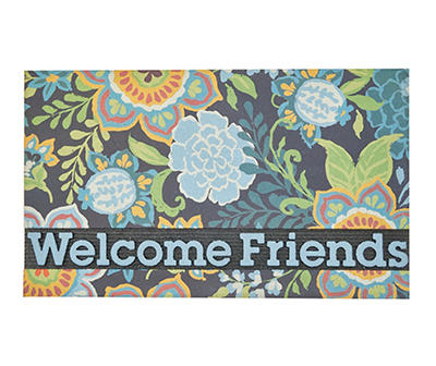 Francesca "Welcome Friends" Blue & Charcoal Floral Doormat