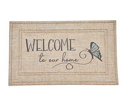"Welcome" Tan & Blue Butterfly Doormat