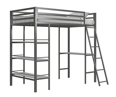Birka Gray Metal Twin Loft Bed with Desk & Shelves