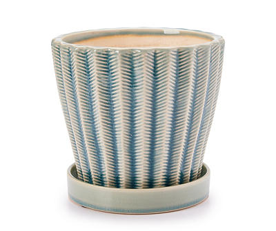 Teal Ribbed Pattern Ceramic Planter With Attached Saucer