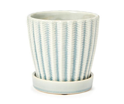 Teal & Ivory Ribbed Pattern Ceramic Planter With Attached Saucer