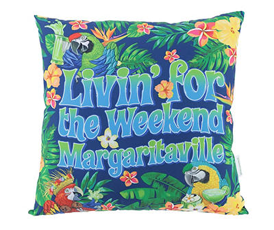 "Livin' For the Weekend" Blue Tropical Foliage Outdoor Throw Pillow