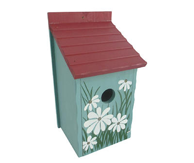 Blue & Red Daisy Hand Crafted Wood Birdhouse