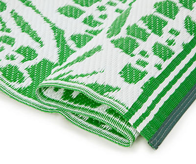 Green & White Leaf Print Woven Outdoor Area Rug, (5' x 7')