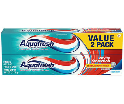 Aquafresh Cavity Protection Fluoride Toothpaste, Cool Mint, 5.6-ounce Twin pack (two 5.6oz tubes)