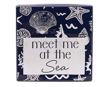 Grecian Getaway "At the Sea" Navy & White Shell Pattern Ceramic Tabletop Plaque