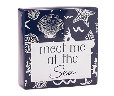 Grecian Getaway "At the Sea" Navy & White Shell Pattern Ceramic Tabletop Plaque