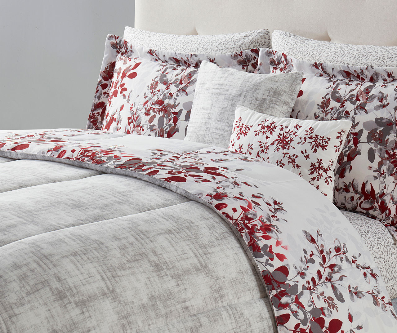Real Living Red & Gray Floral Bed-in-a-Bag Queen 14-Piece Bedding Set
